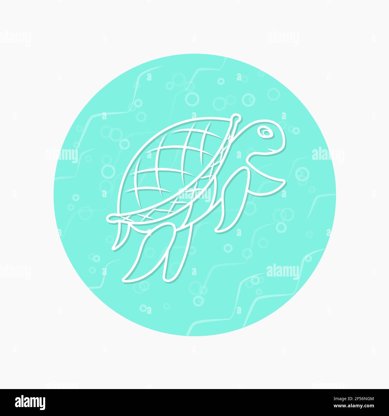 White contour of a sea turtle on the background of a turquoise circle. Bubbles, waves, sea water. Vector design clipart illustration. EPS 10 Stock Vector
