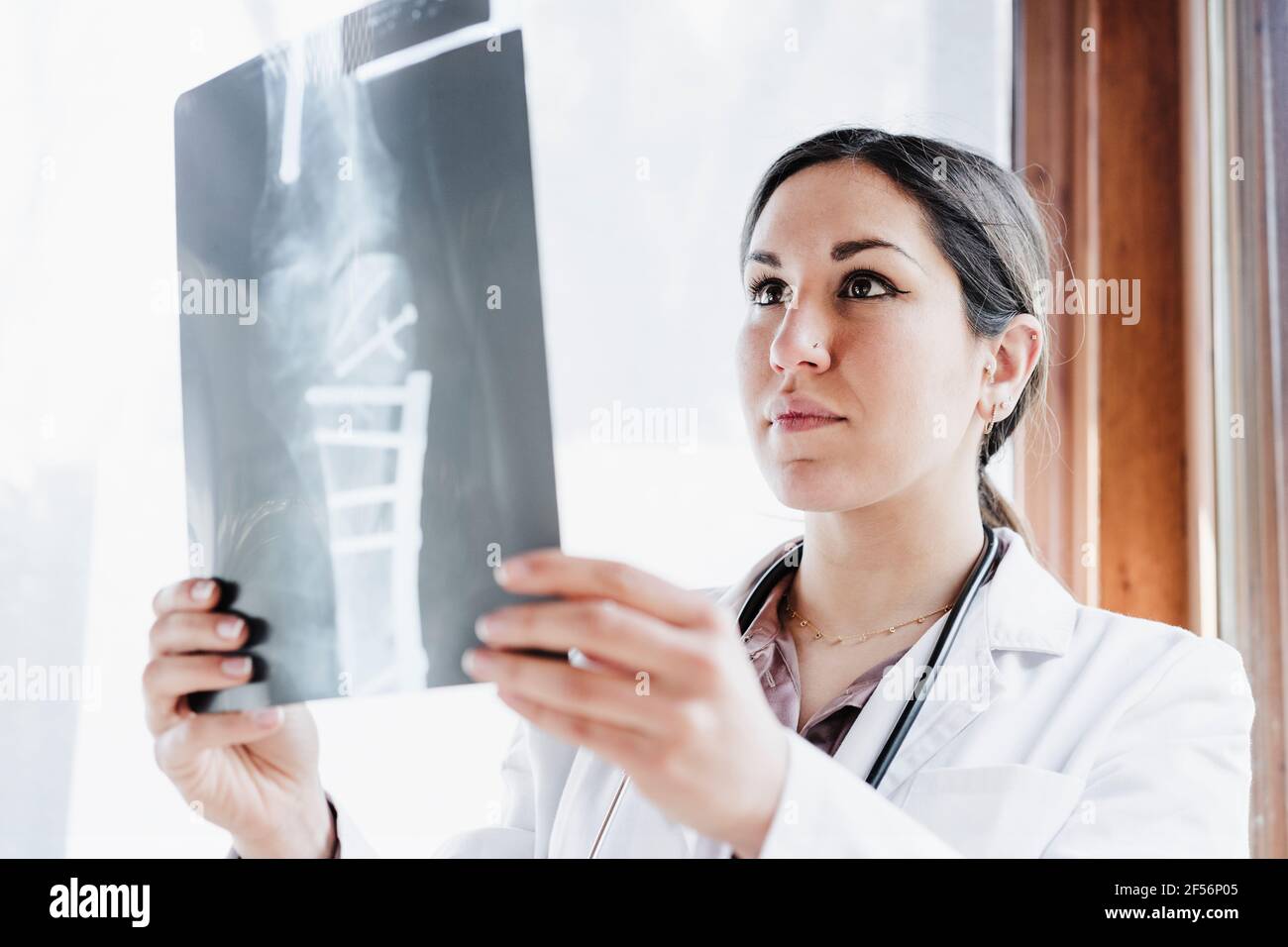 Female doctor looking at bone scan in hospital Stock Photo