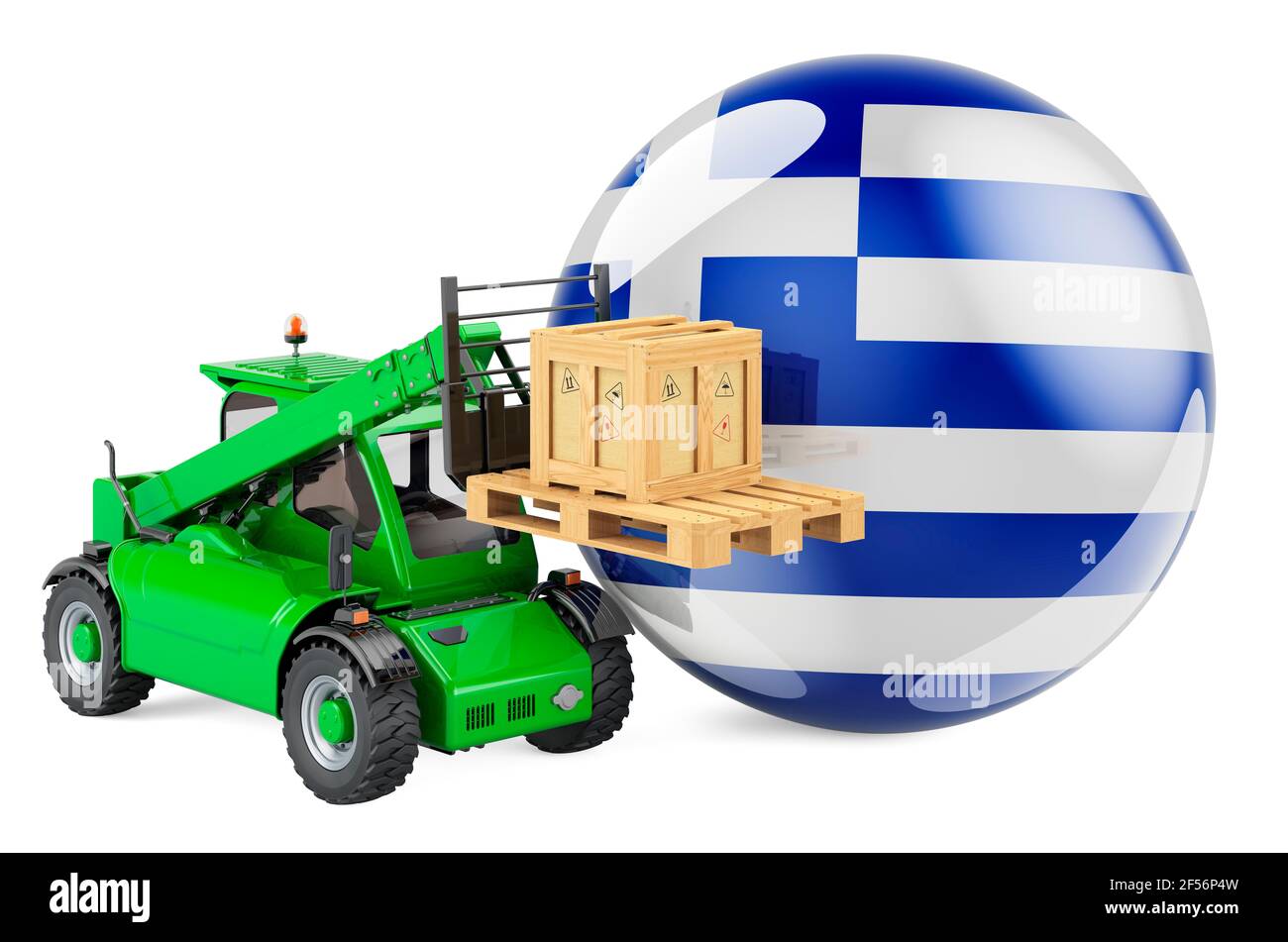 Greek flag with telescopic handler truck and parcel. Cargo shipping in Greece concept, 3D rendering isolated on white background Stock Photo