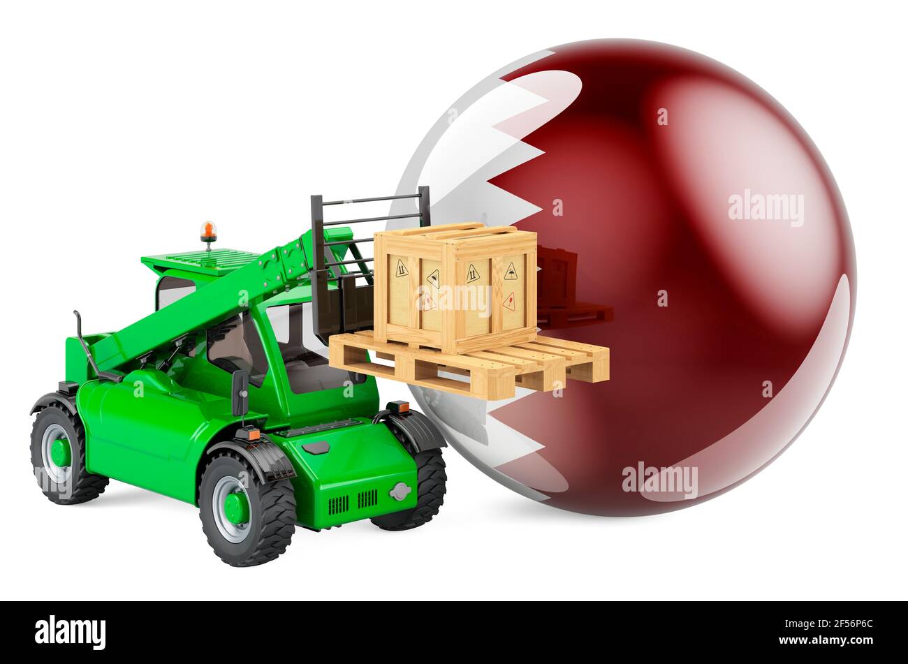 Qatari flag with telescopic handler truck and parcel. Cargo shipping in