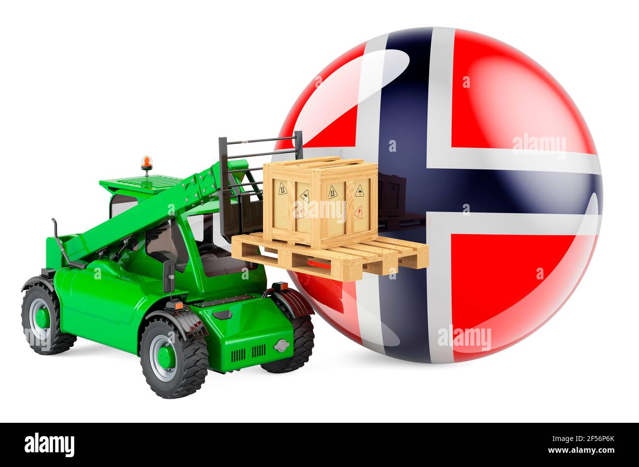Norwegian flag with telescopic handler truck and parcel. Cargo shipping in Norway concept, 3D rendering isolated on white background Stock Photo
