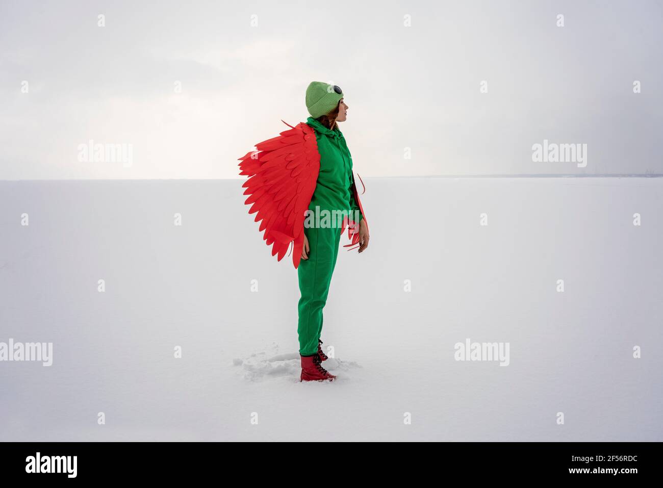Woman in green bird costume on snow Stock Photo