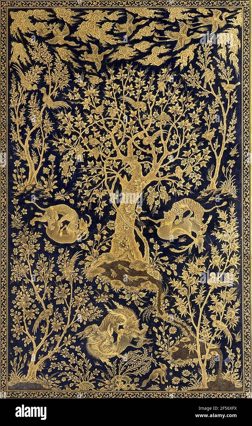 Book cover with paradise-like landscape. The big with paint, colors, gold and silver painted book cover from the 16th century is one of the rods of the Islam collection in the Museum of Art and Commerce Hamburg. He was built in a Persian Hofatelier and is an example of the great importance of book art within Islamic culture. On the front and back, a paradise-like landscape with blooming trees, birds and fighting animal pairs can be seen. The mythical animals like Phoenix, Qilin and Dragons, but also the cloud shapes and cranes in the sky reveal the Chinese influence. The paint technology also Stock Photo