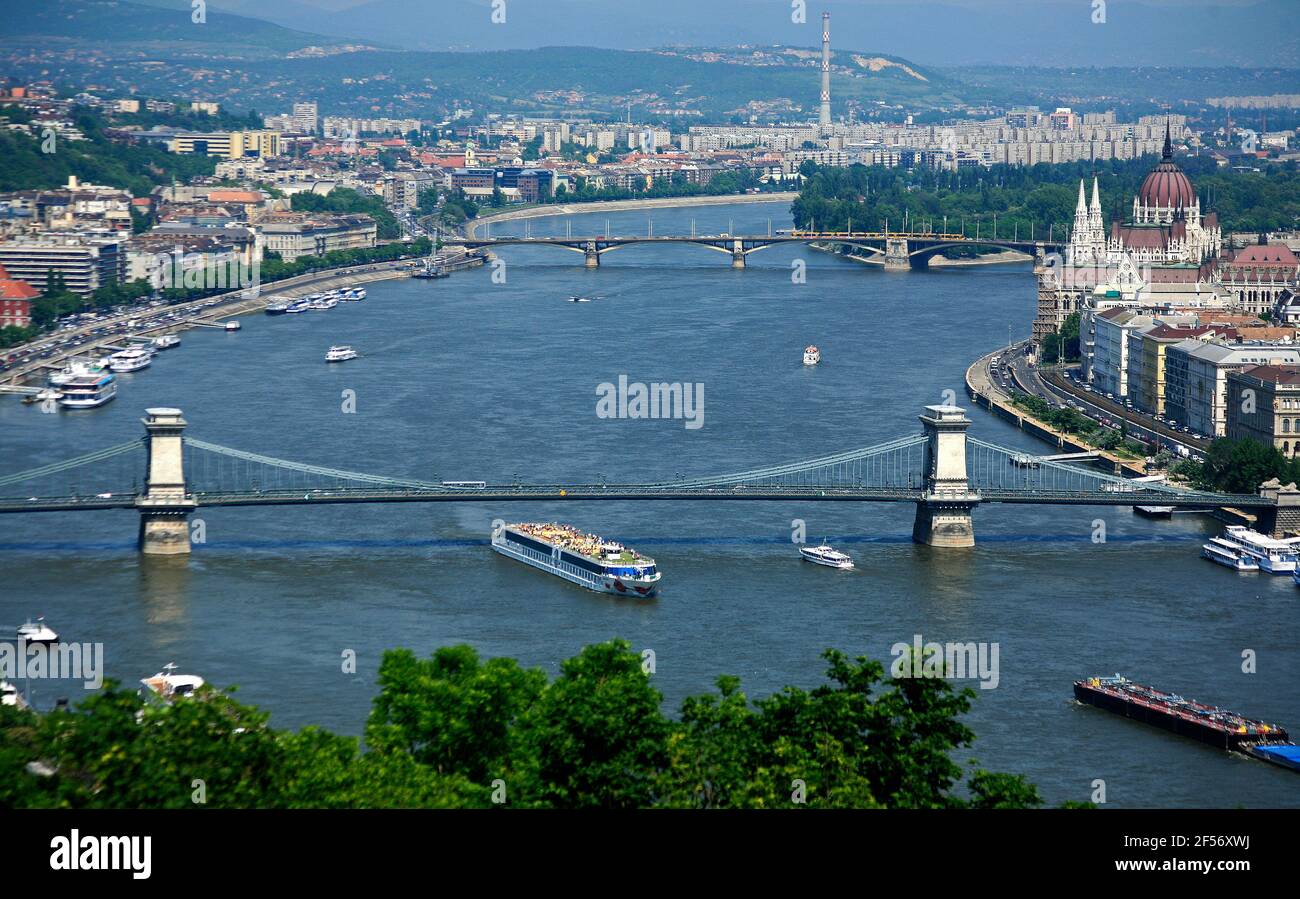 Margit Side Famous Chain Bridge (Szechenyi Lanchid) and Margit Bridge in the heart ...