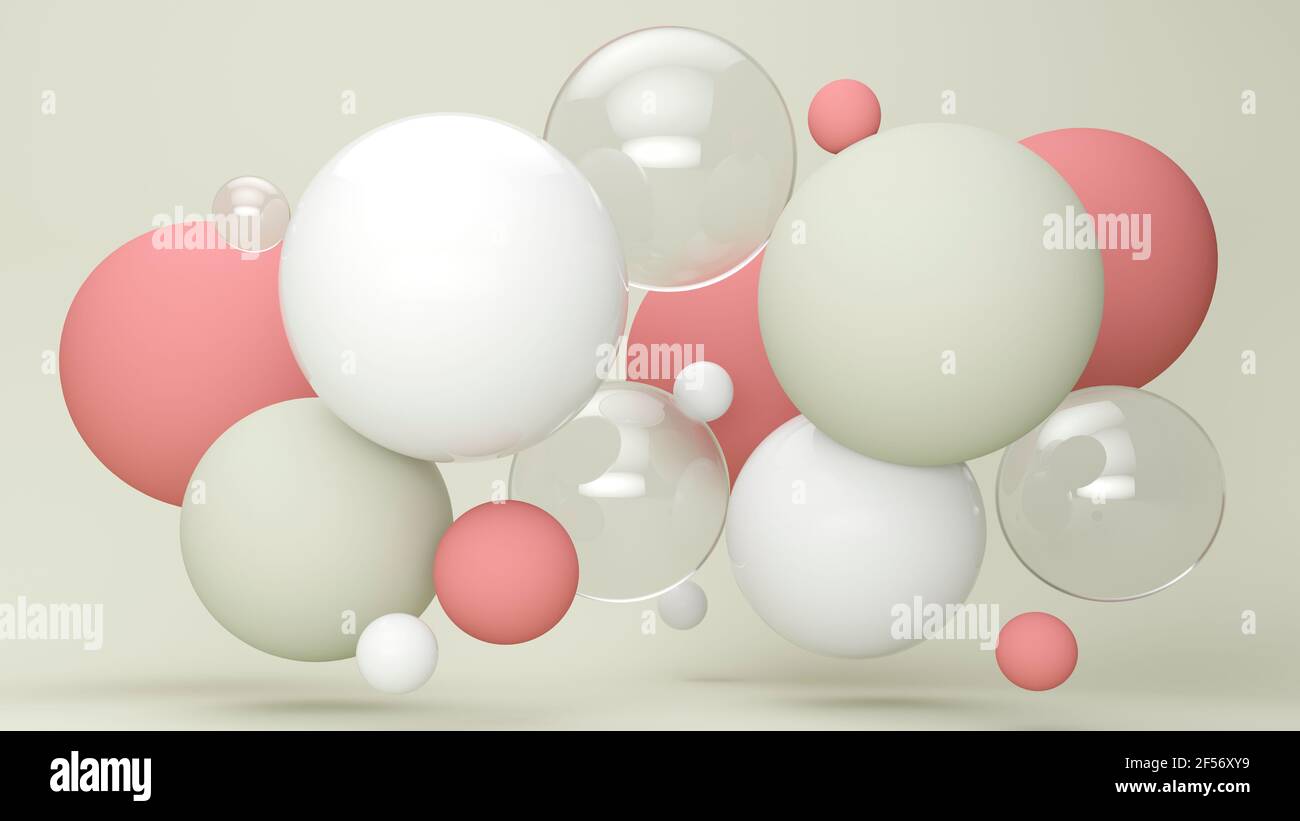 Three dimensional render of white bubbles floating against green