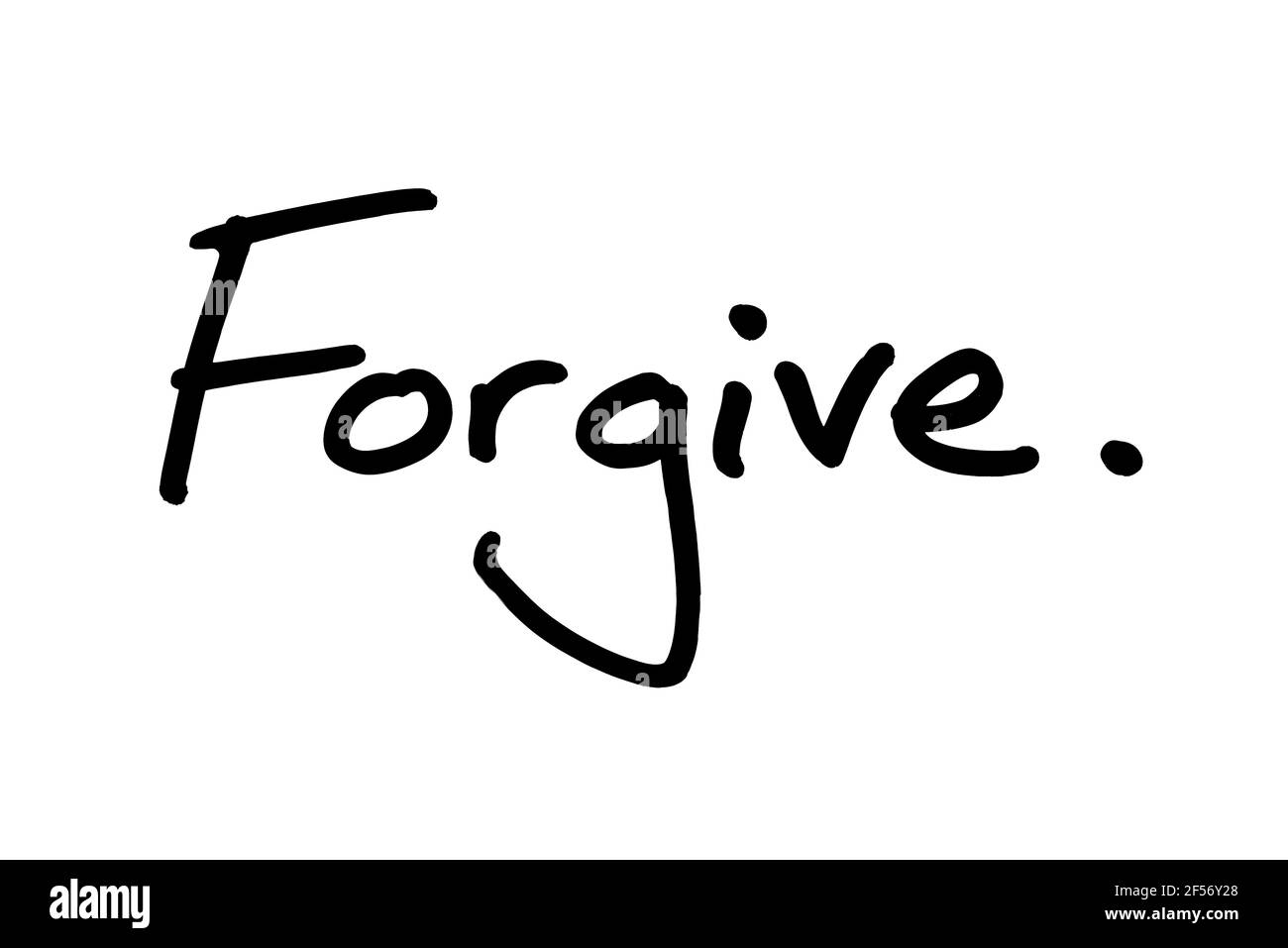 The word Forgive, handwritten on a white background. Stock Photo