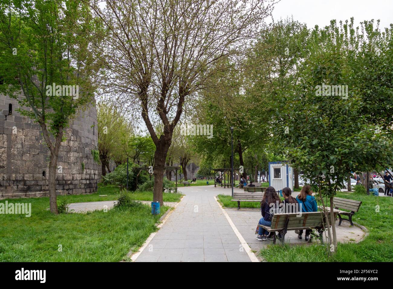 Diyarbakir / Turkey - 05/01/2019: Old City Walls in the city of Diyarbakir, Turkey. People walk around the city walls and rest. Stock Photo