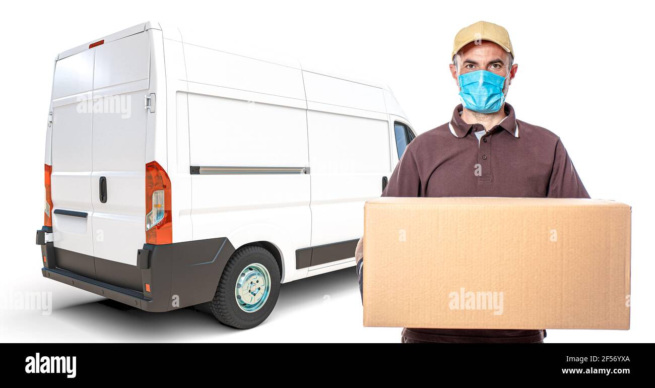 express courier with package in hand and protective mask against covid-19. van in the background. Stock Photo