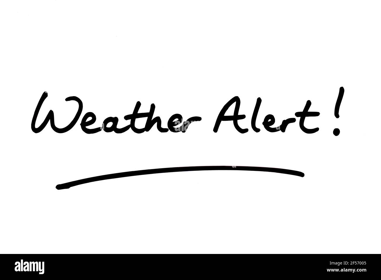 Weather Alert! handwritten on a white background. Stock Photo