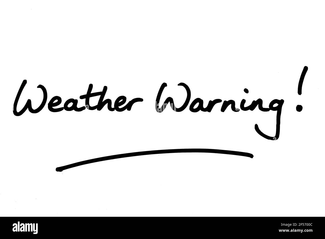 Weather Warning! handwritten on a white background. Stock Photo