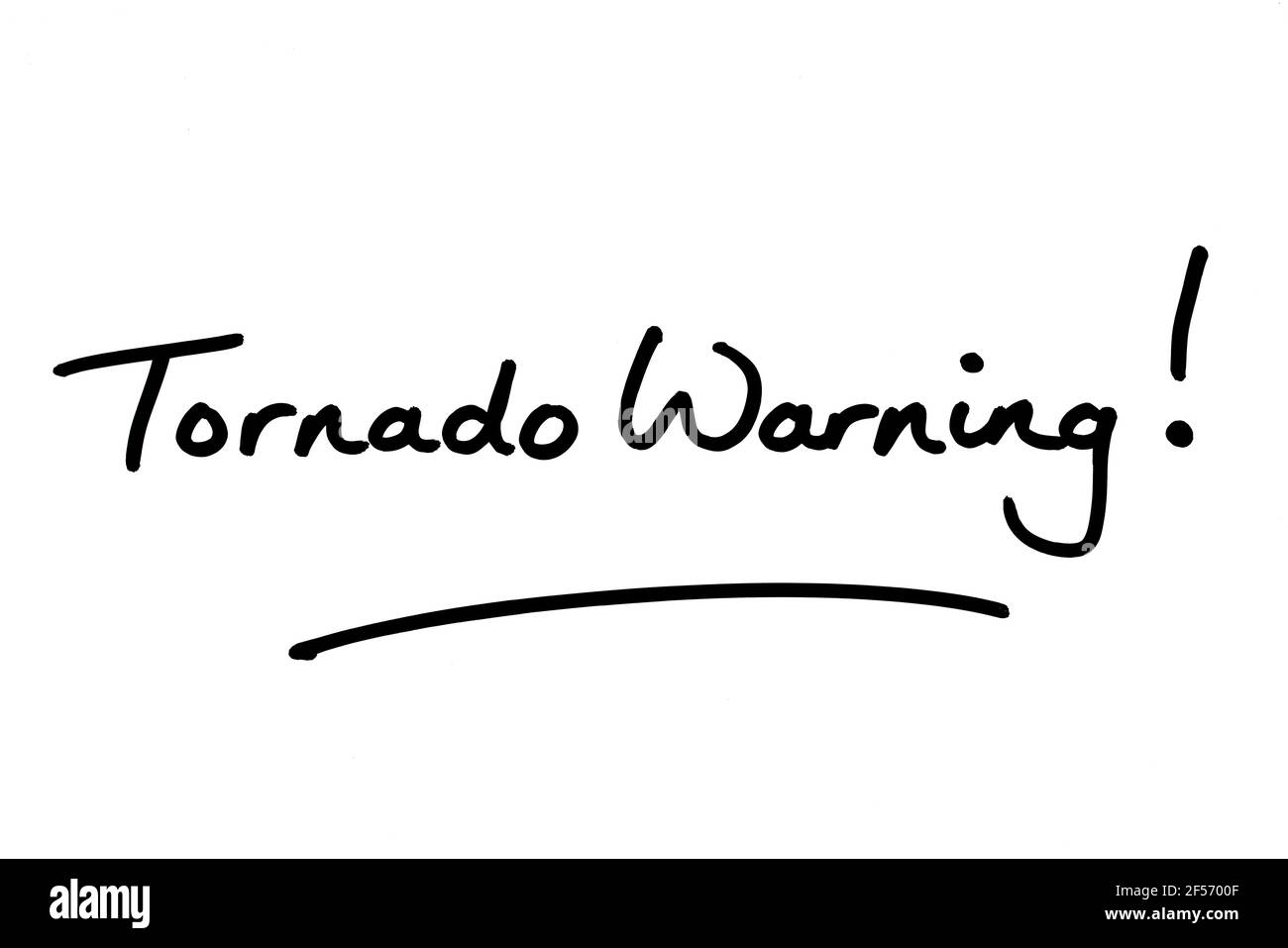 Tornado Warning! handwritten on a white background. Stock Photo