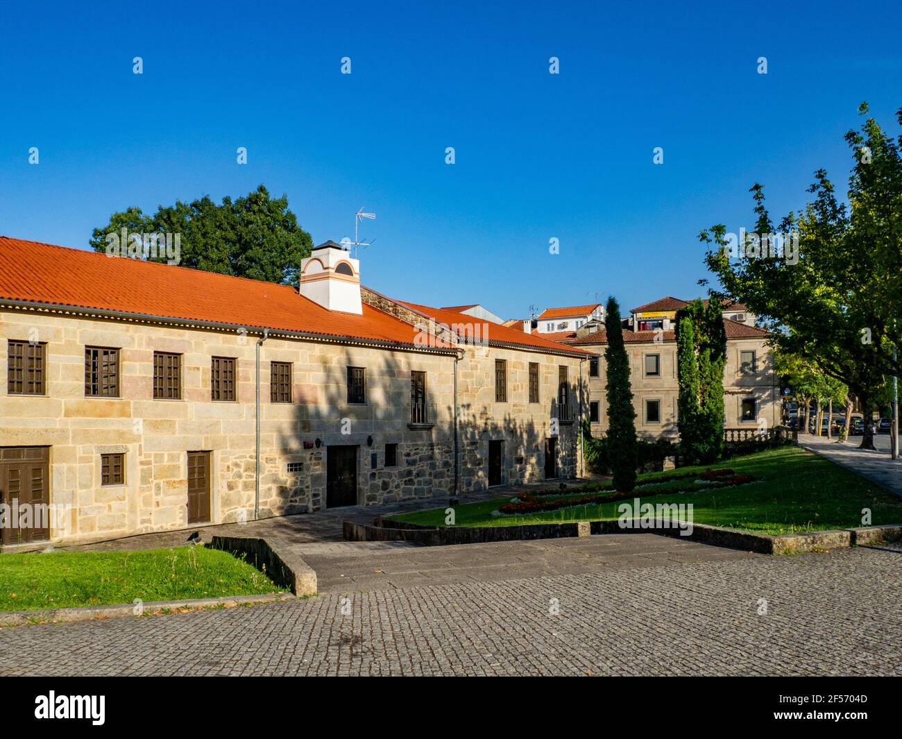 Viseu, Portugal; August 2020: View at the exterior front and lateral facade Casa da Ribeira Museum on Viseu city Downtown Stock Photo