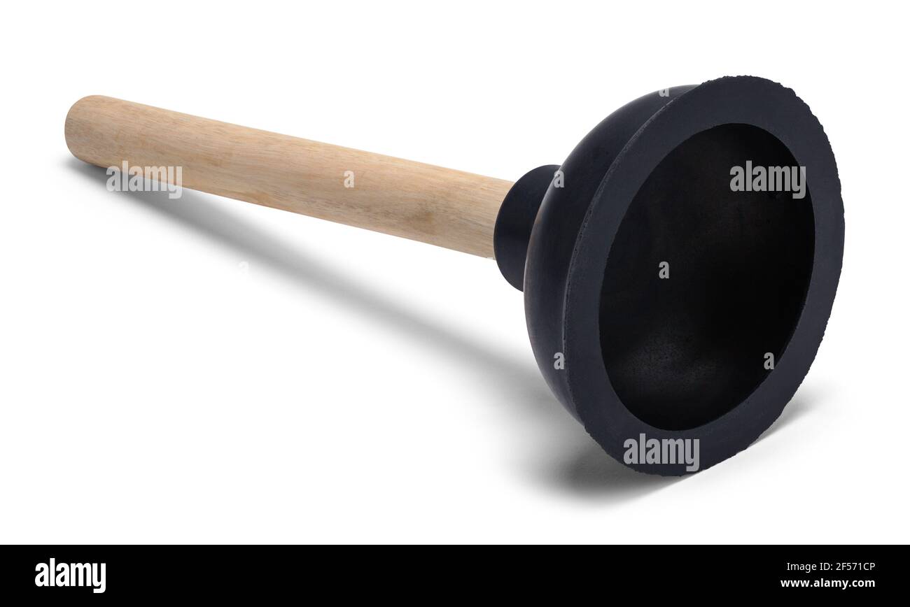 Black Rubber Plunger with Wood Handle Cut Out. Stock Photo
