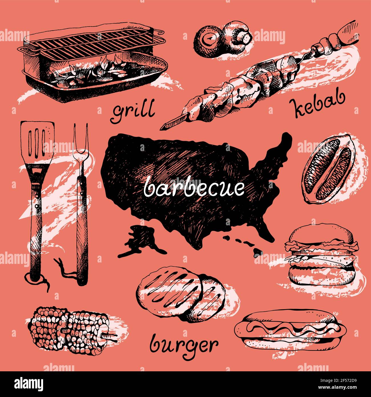 Set of bbq objects, sketch engraved style, vector illustration Stock Vector