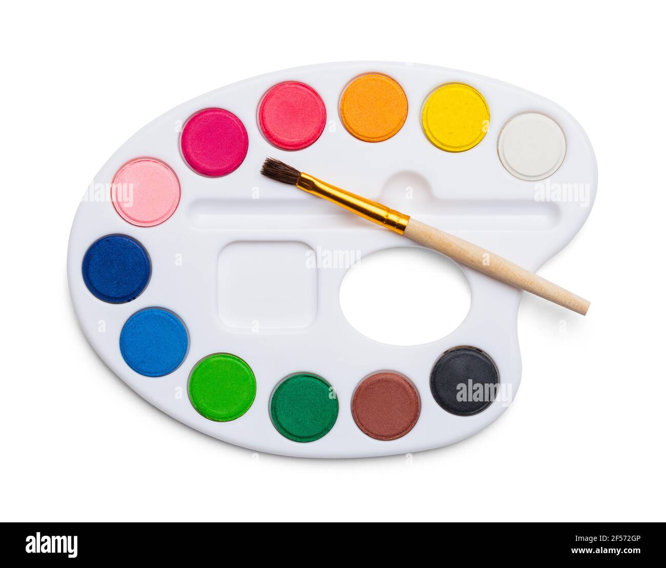 Small Watercolor Paint Palette with Brush Cut Out. Stock Photo