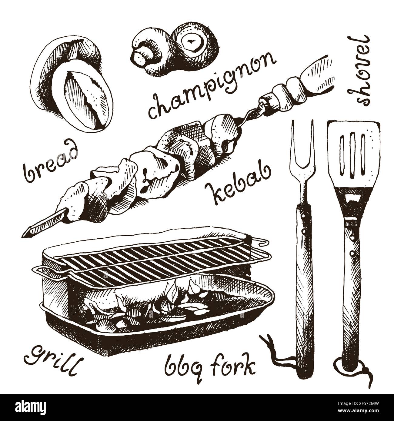 Set of bbq objects, sketch engraved style, vector illustration Stock Vector