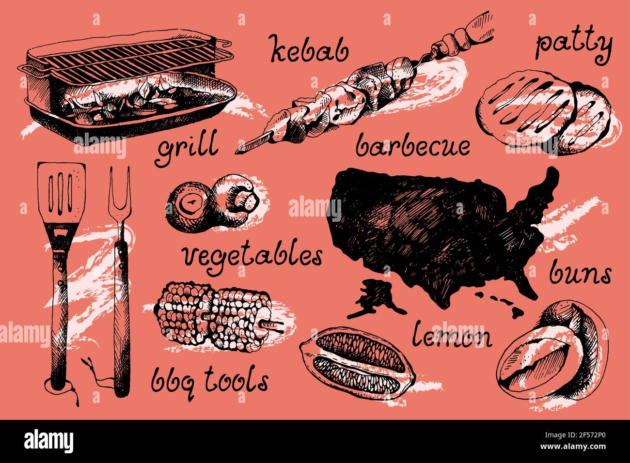 Set of bbq objects, sketch engraved style, vector illustration Stock Vector