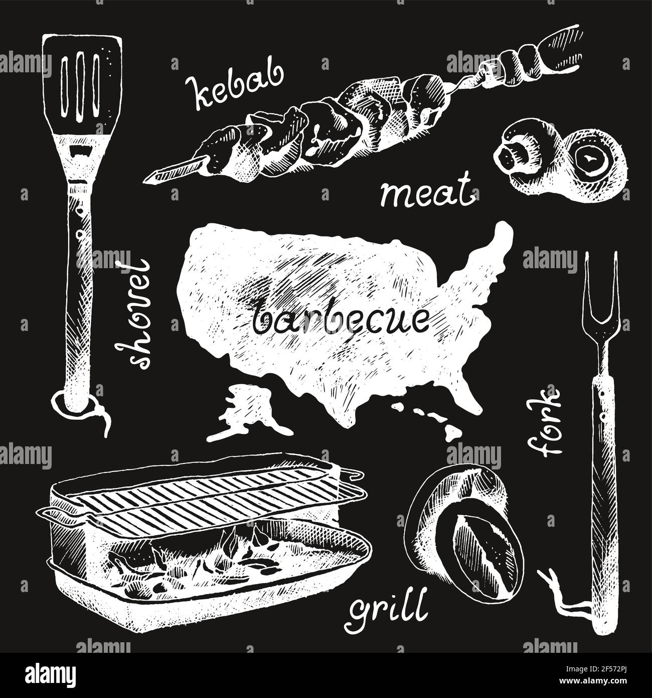 Set of bbq objects, sketch engraved style, vector illustration Stock Vector