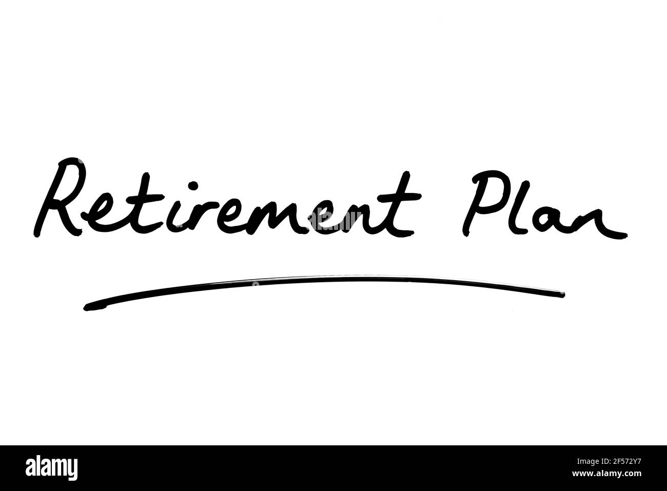 Retirement Plan, handwritten on a white background. Stock Photo