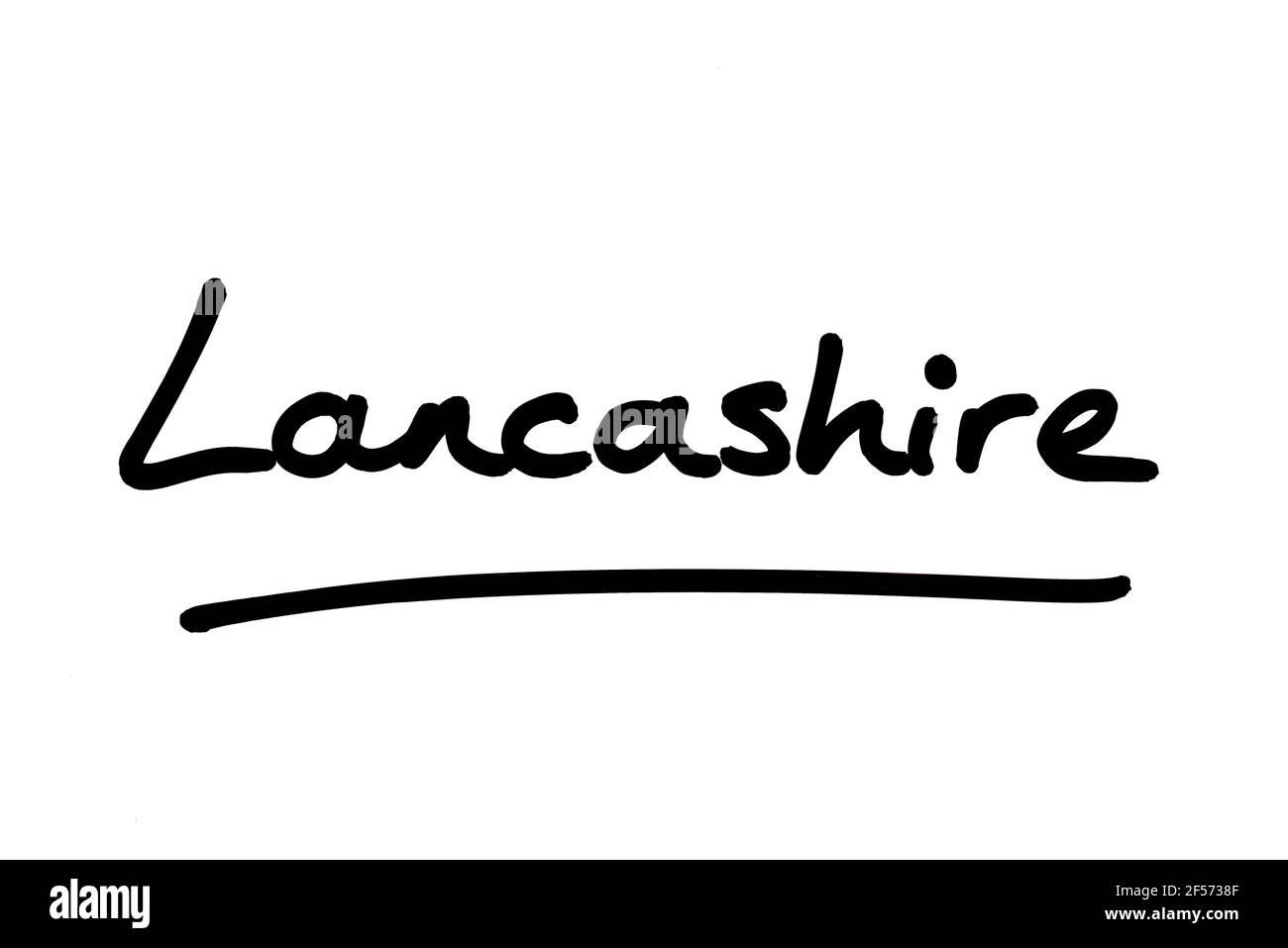 Lancashire, handwritten on a white background. Stock Photo