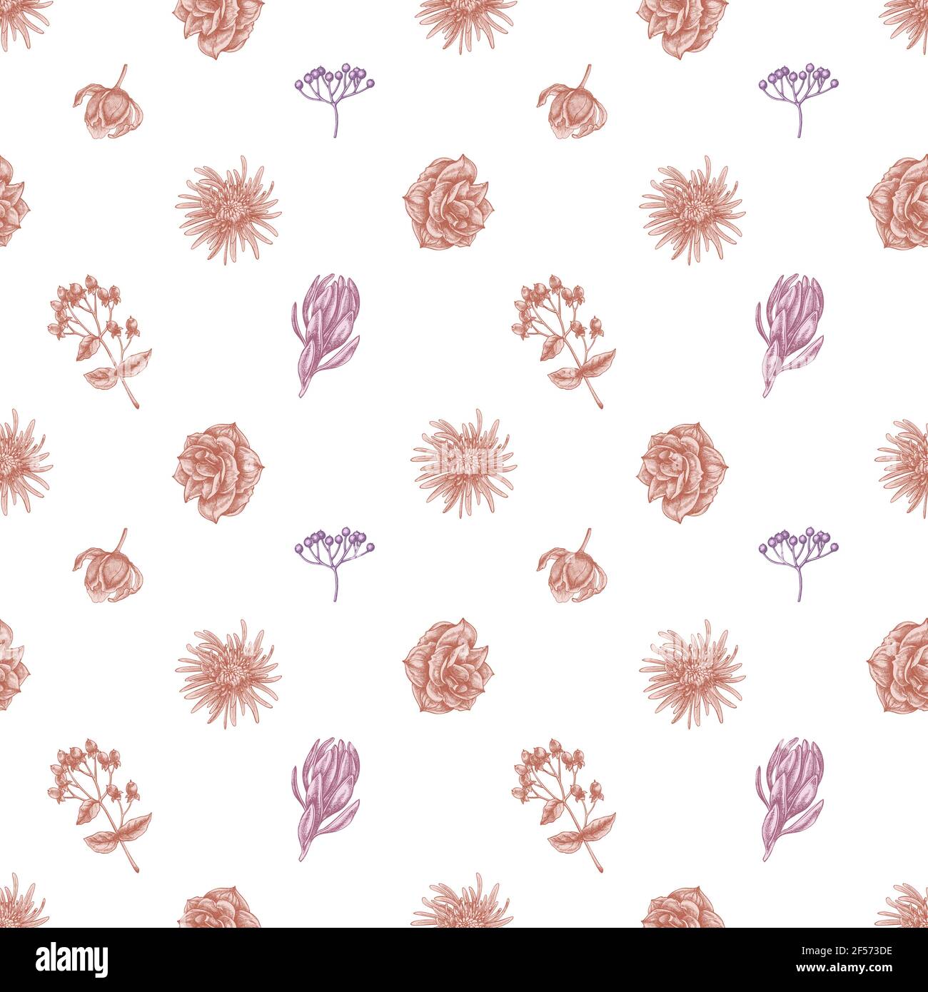 Seamless pattern with hand drawn pastel viburnum, hypericum, tulip ...