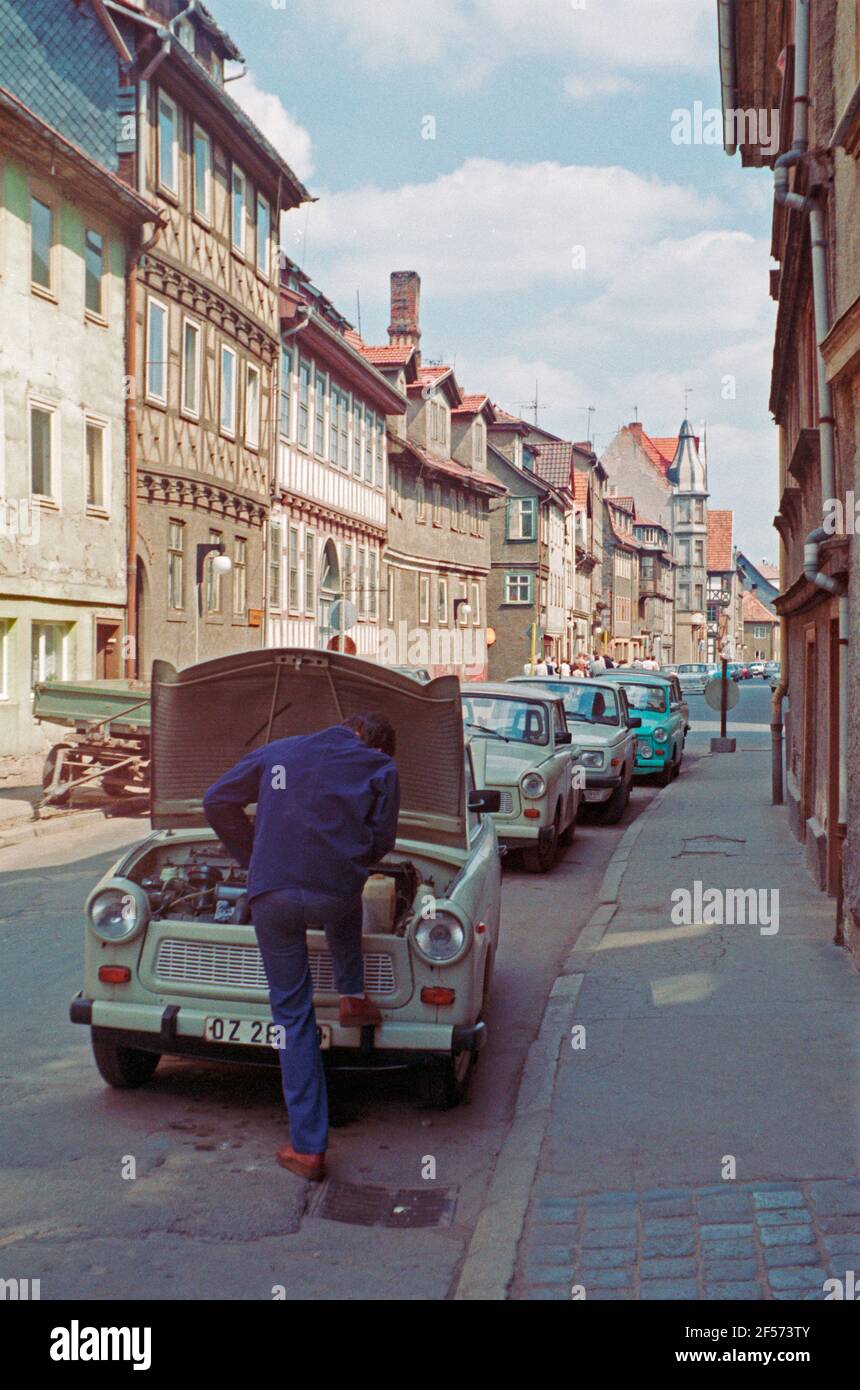 parked cars, May 19, 1990, just four months before German reunification, Meiningen, Thüringen, GDR Stock Photo