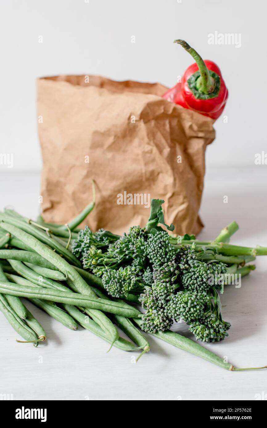 Organic vegetables with brown paper bag Stock Photo