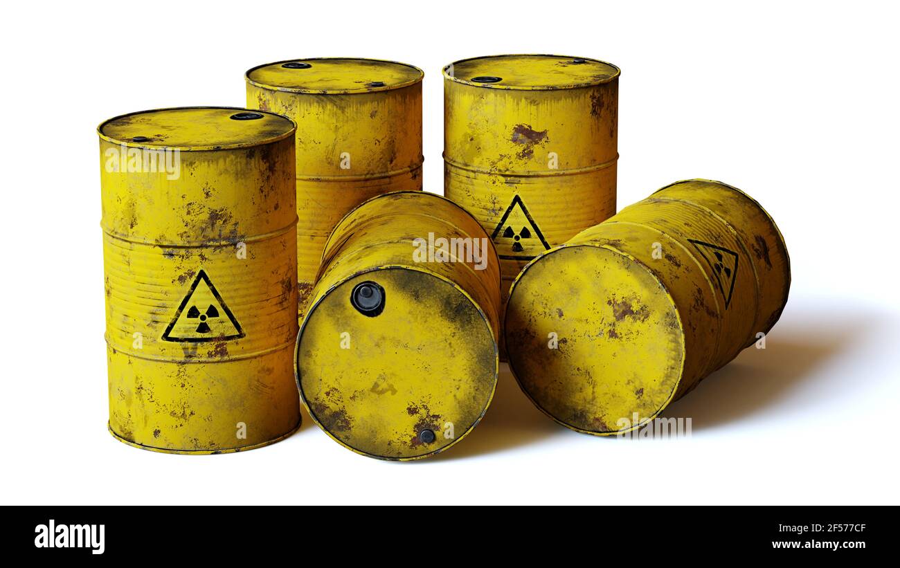 radioactive waste in barrels, isolated with shadow on white background Stock Photo