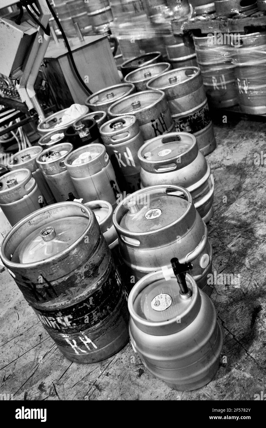 Kegs of beer at the River Horse Brewing Co. in Ewing, NJ, USA  Kegs waiting to be filled at the factory Stock Photo