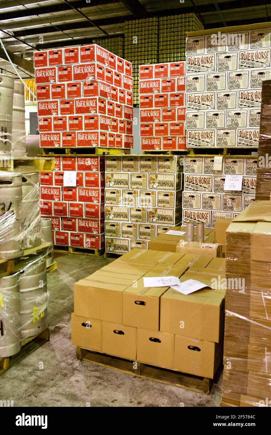 Stacks of cases of beer in the factory at River Horse Brewery Co. in Ewing, NJ, USA Stock Photo