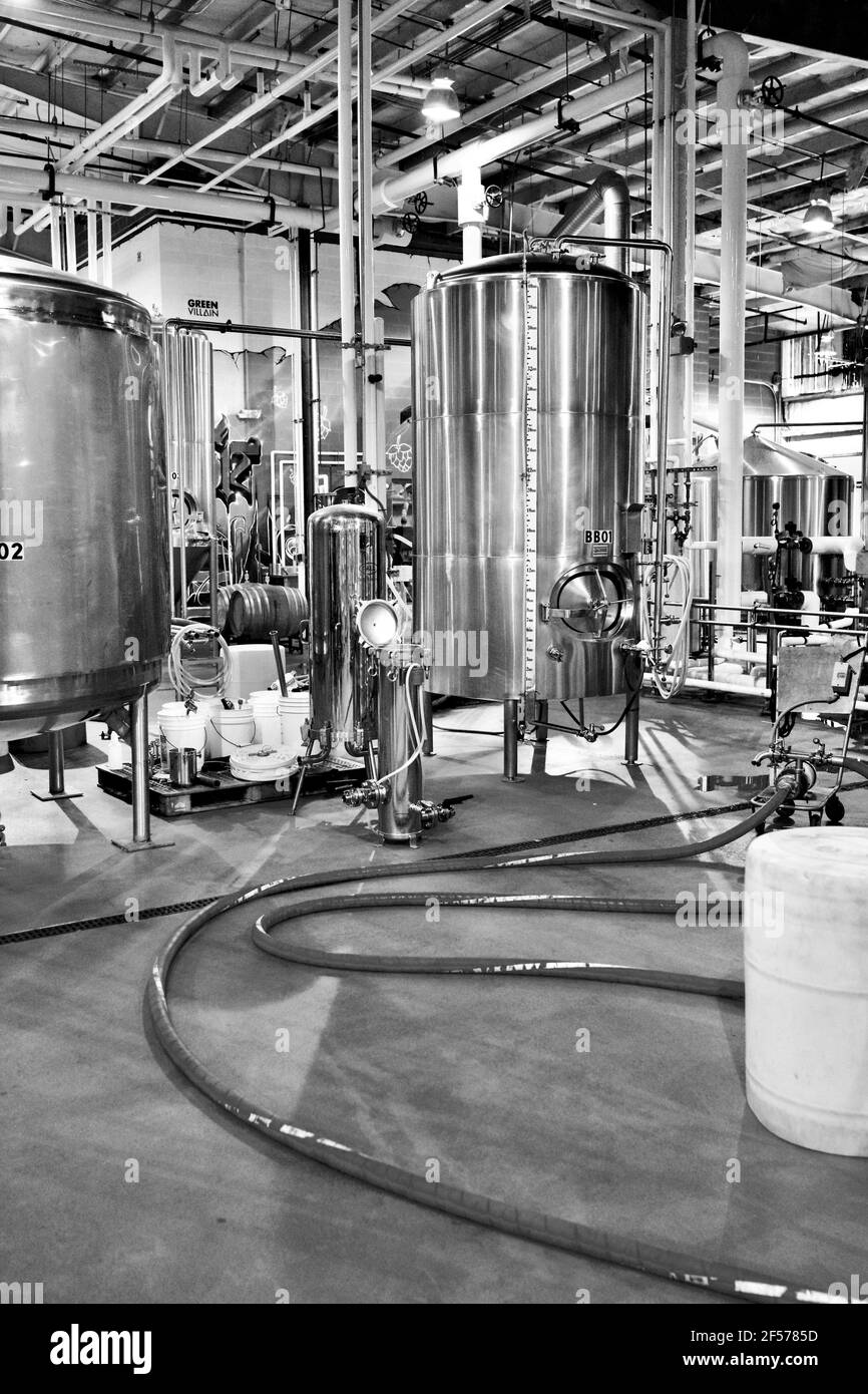 Stainless steel beer fermentation tanks or vats at the River Horse