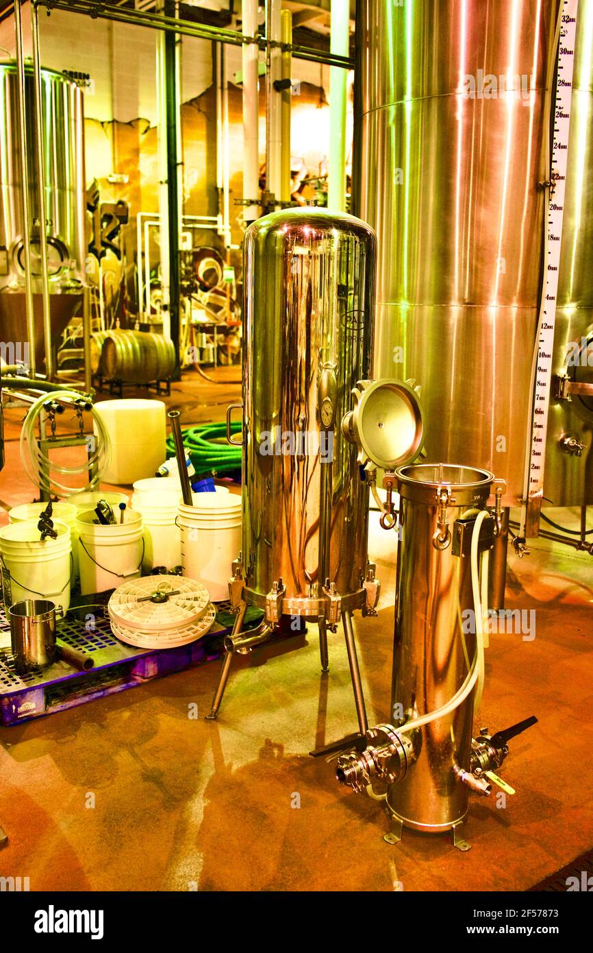 Stainless steel beer fermentation tanks or vats at the River Horse