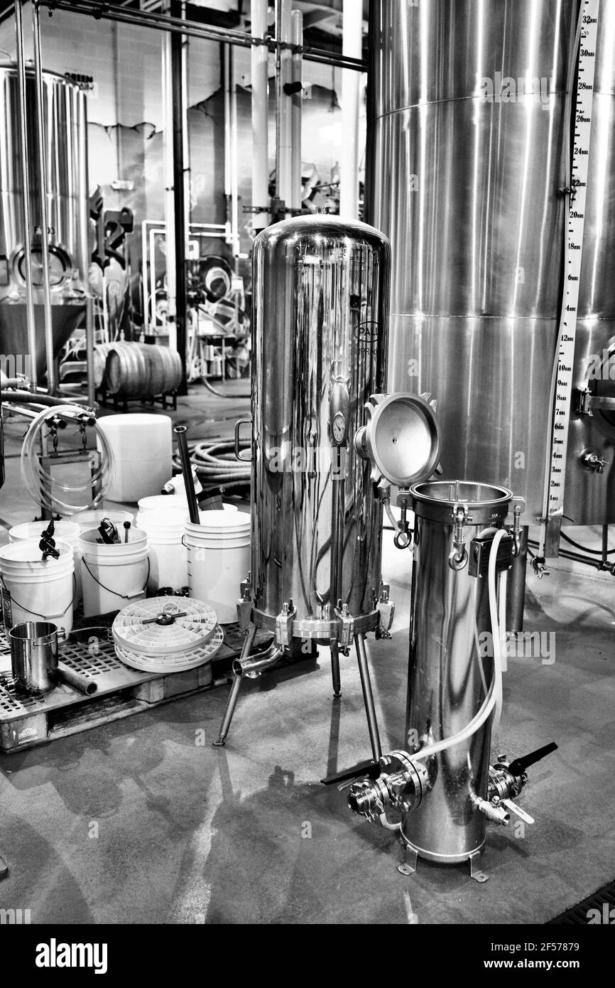 Stainless steel beer fermentation tanks or vats at the River Horse Brewing Co., 2 Graphics Drive, Ewing, NJ, USA Stock Photo