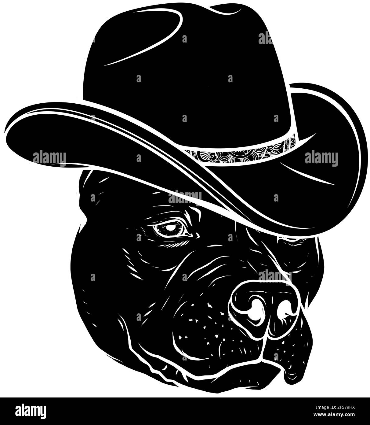 black silhouette of head pitbull with fedora hat vector illustration Stock Vector