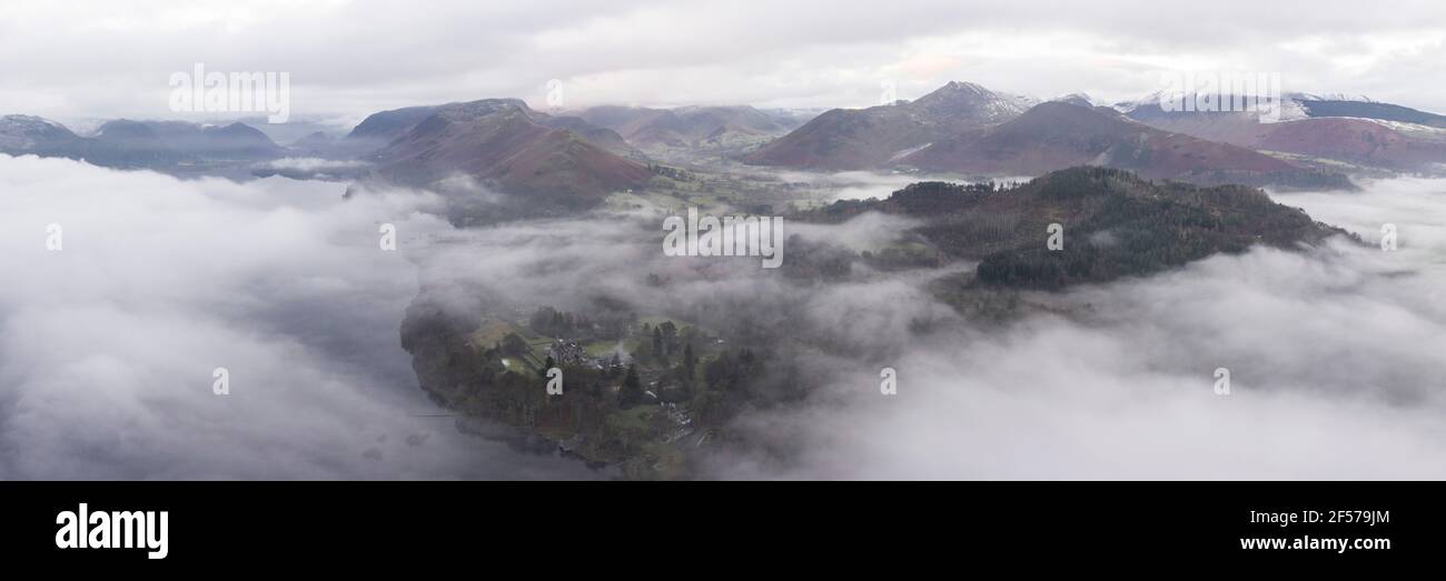 Aerial Panorama of the Newlands Valley and Catbells on a winters morning in the Lake Dsitrict Stock Photo