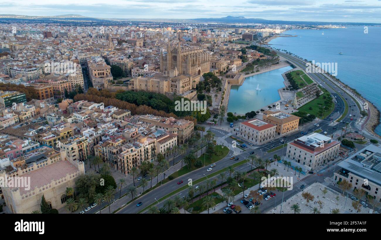 Aerial drone view of Marina and cathedral of Santa Maria of Palma in the  city of Palma Mallorca Spain Stock Photo - Alamy