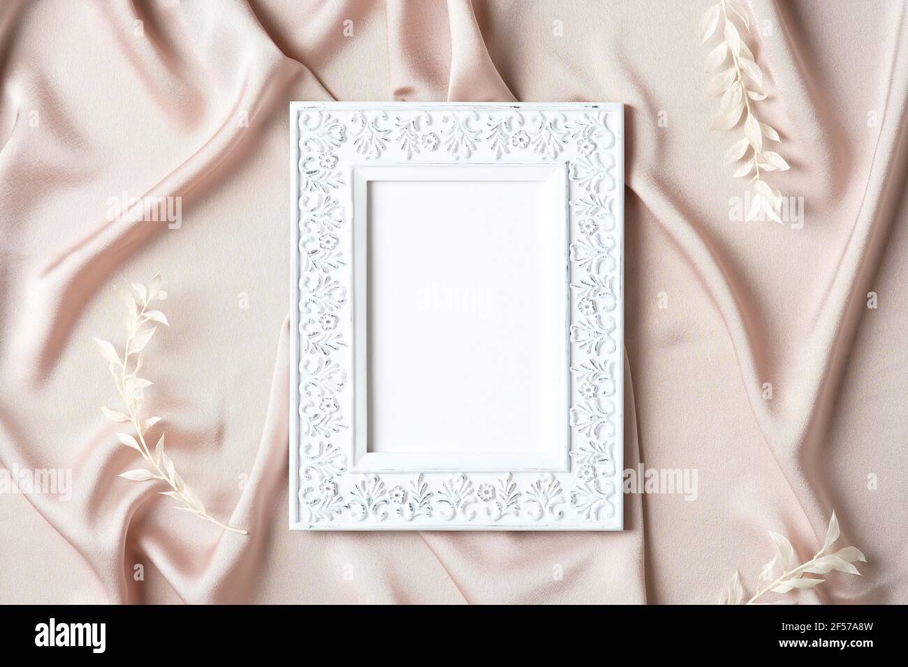 Elegant vintage photo frame mockup on silk background. Flat lay, top view,  copy space. Wedding, Mothers Day greeting card template Stock Photo - Alamy