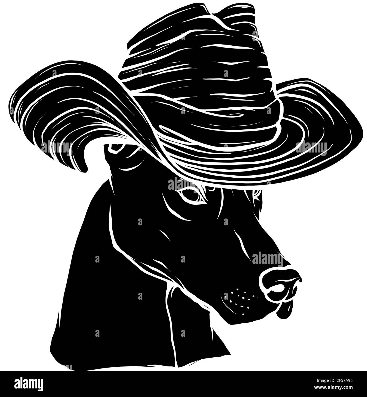 black silhouette of head Dobermann dog with hat vector illustration Stock Vector
