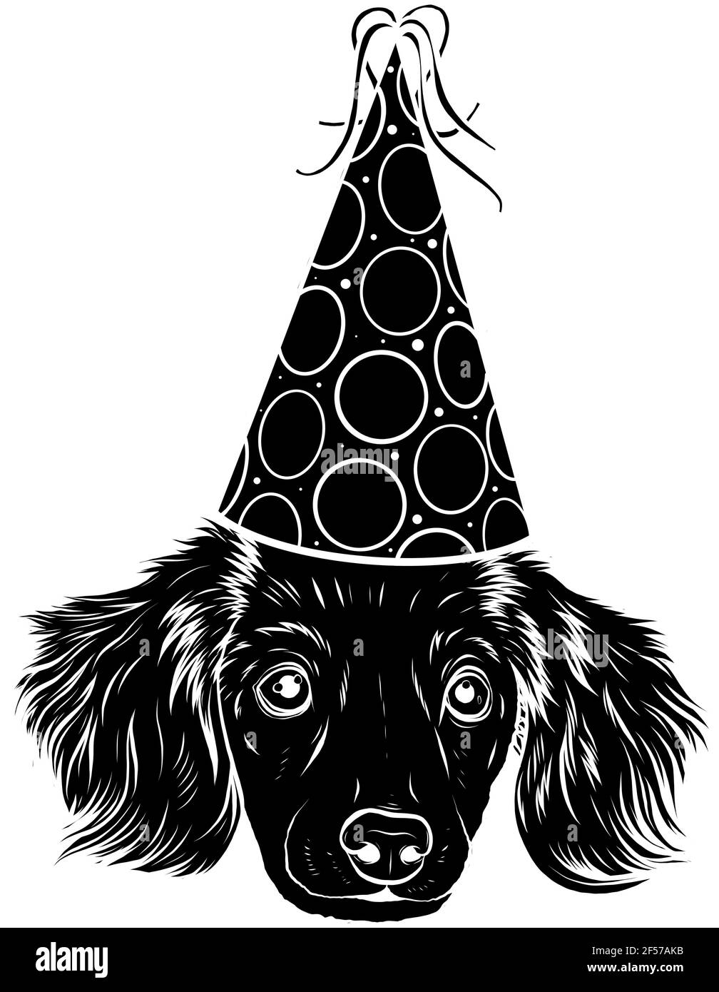 black silhouette of A cute head puppy with party hat Stock Vector