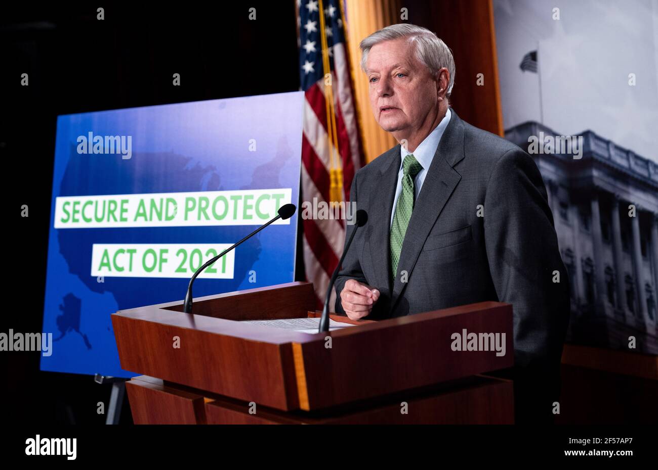 Washington, United States. 24th Mar, 2021. Sen. Lindsey Graham speaks on immigration and introduces the Secure and Protect Act of 2021 during a press conference on Capitol Hill in Washington, DC on Wednesday, March 24, 2021. Graham's bill would reform immigration at the southern border including requiring asylum seekers to apply at refugee processing centers in Central America and Mexico and not in the United States. Photo by Kevin Dietsch/UPI Credit: UPI/Alamy Live News Stock Photo