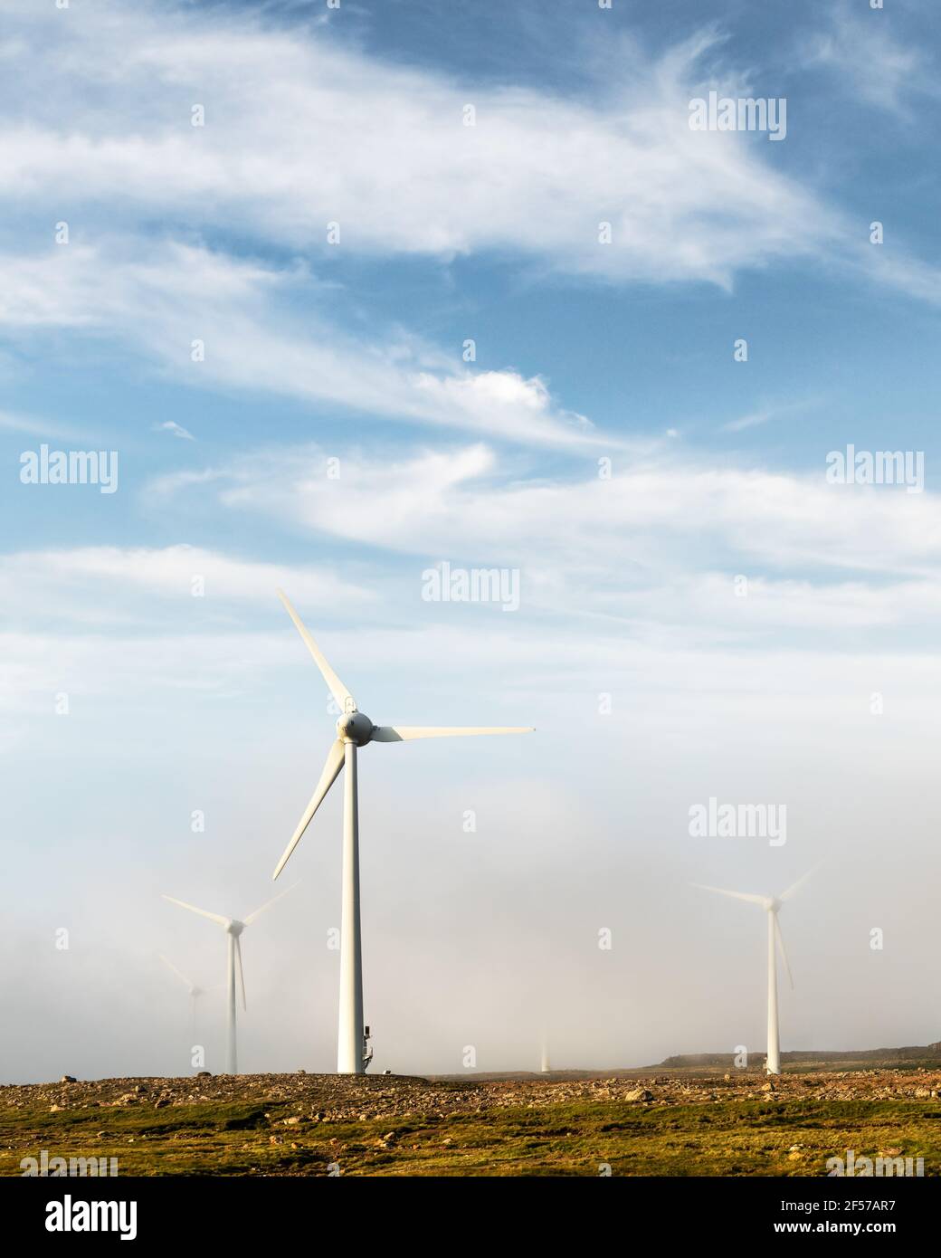 Wind turbines on blue sky background Stock Photo