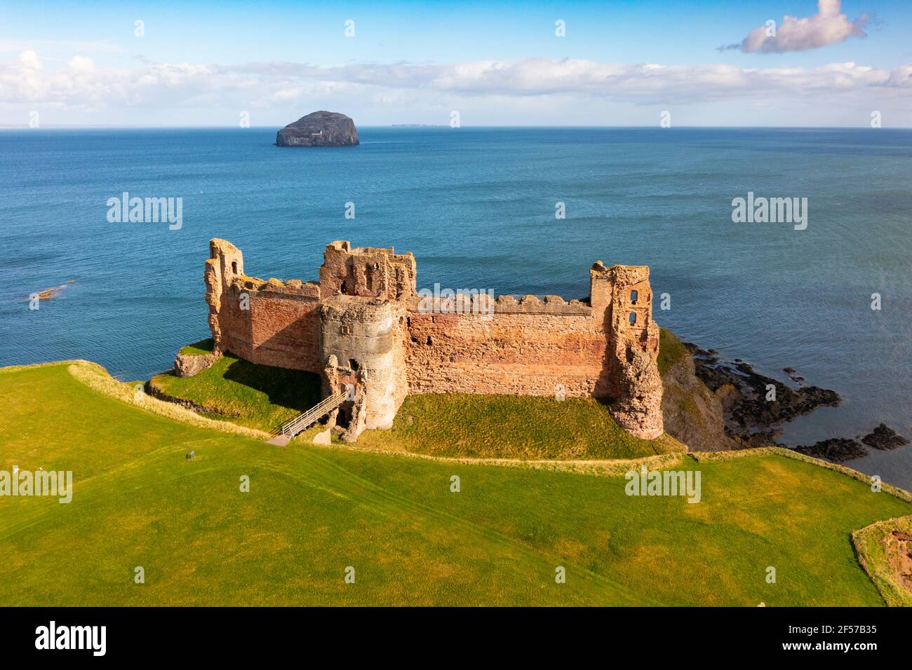 Aerial view of Tantallon Castle on cliffs above Firth of Forth in East