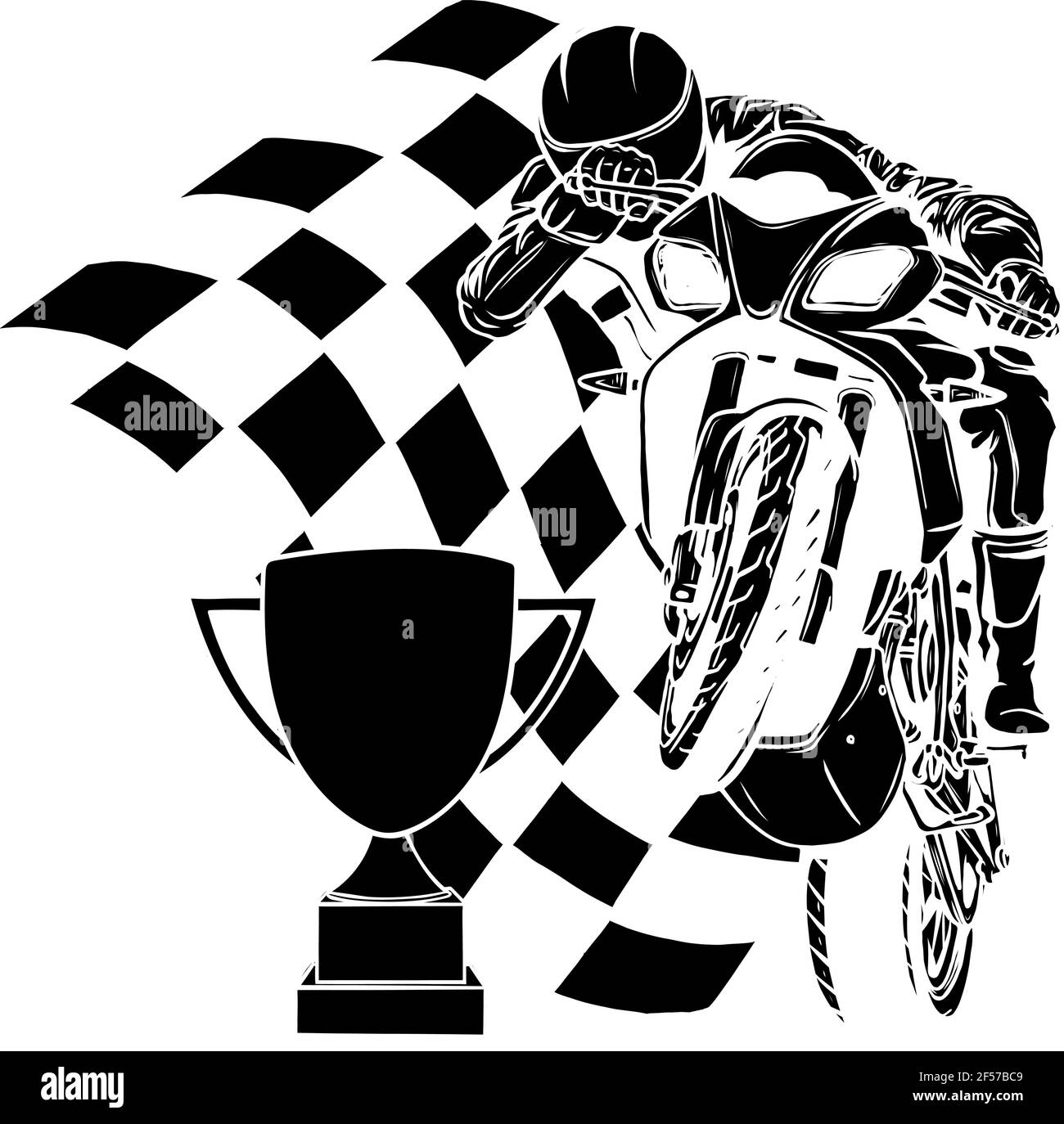 black silhouette of Riders on sport motorbike with cup and race flag Stock Vector