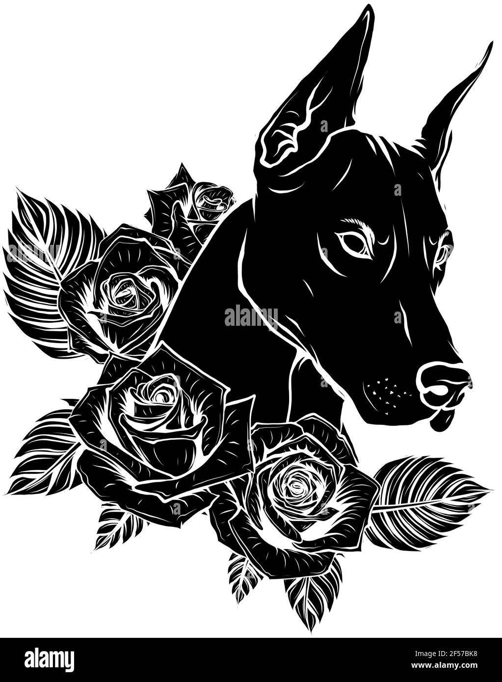 black silhouette of vector Dobermann dog face with red roses Stock Vector