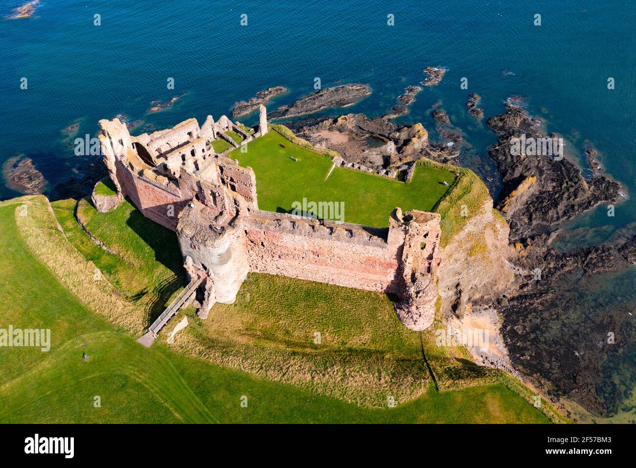 Aerial view of Tantallon Castle on cliffs above Firth of Forth in East