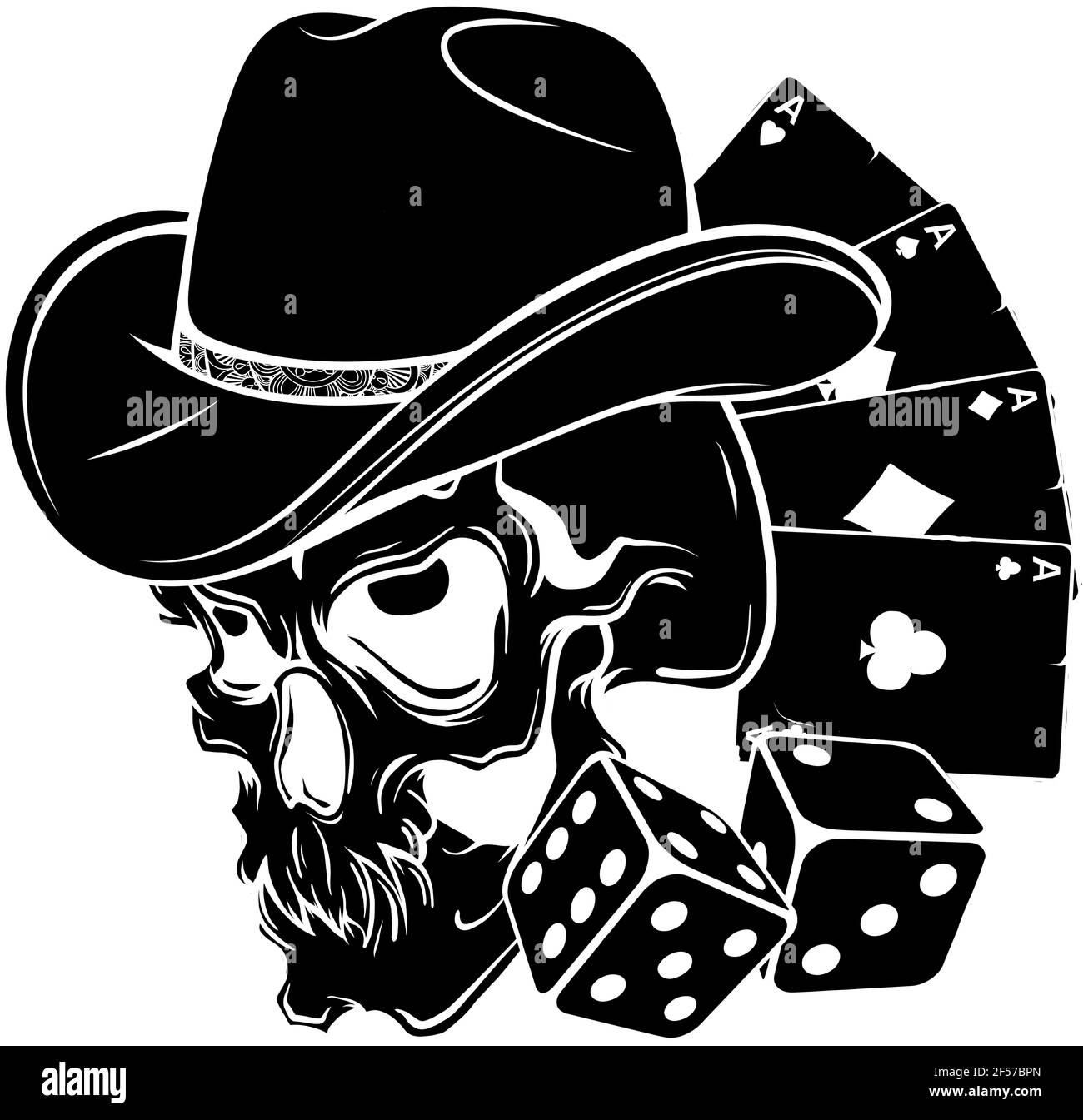 black silhouette of cowboy skull with poker ace and dice Stock Vector