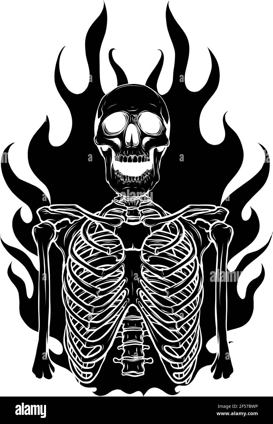 black silhouette of vector illustration of skeleton in flame design Stock Vector