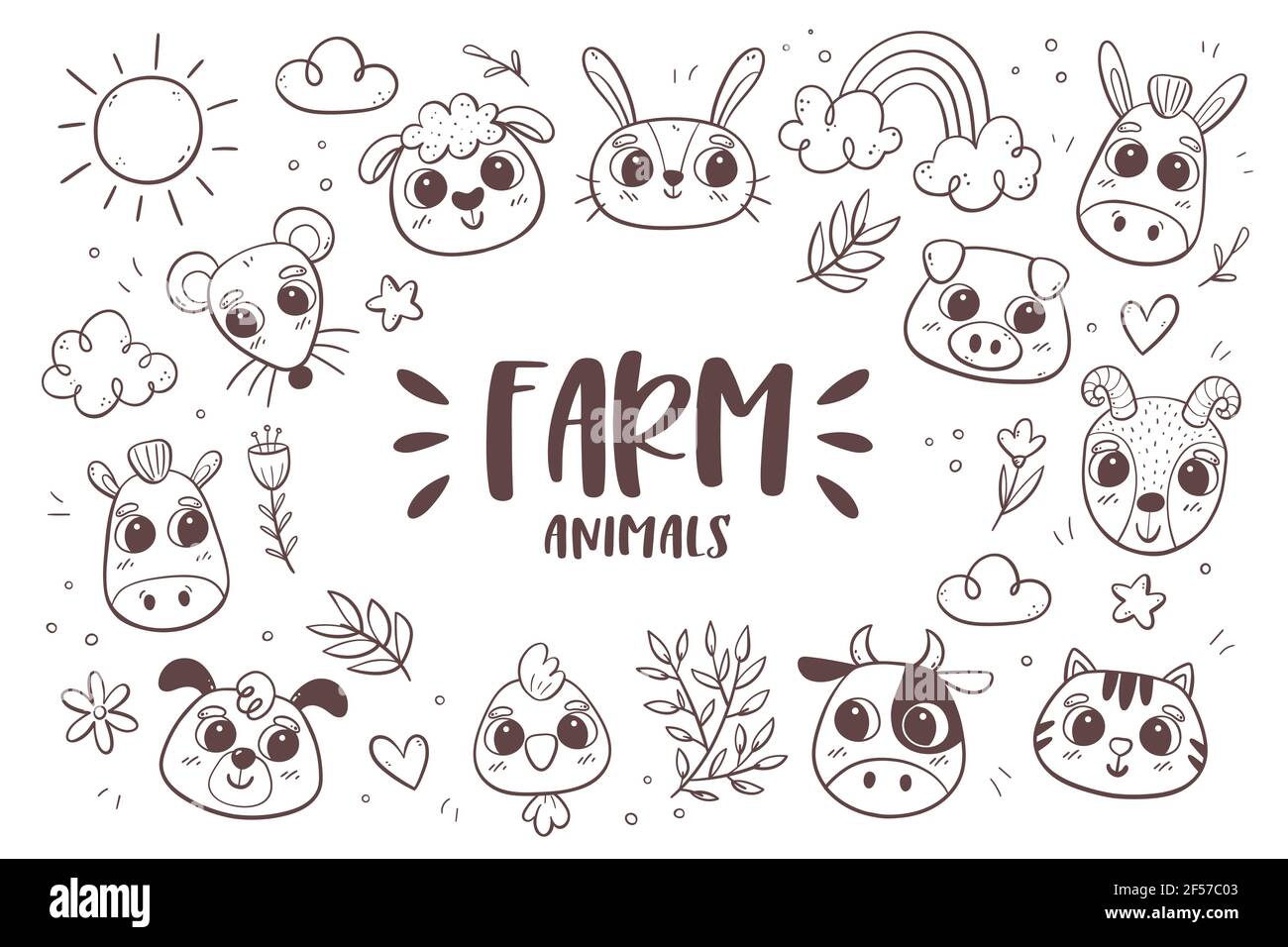 Animal doodle background. Farm animal heads with tropical plants and leaves. Perfect for coloring books and children activities. Vector illustration. Stock Vector