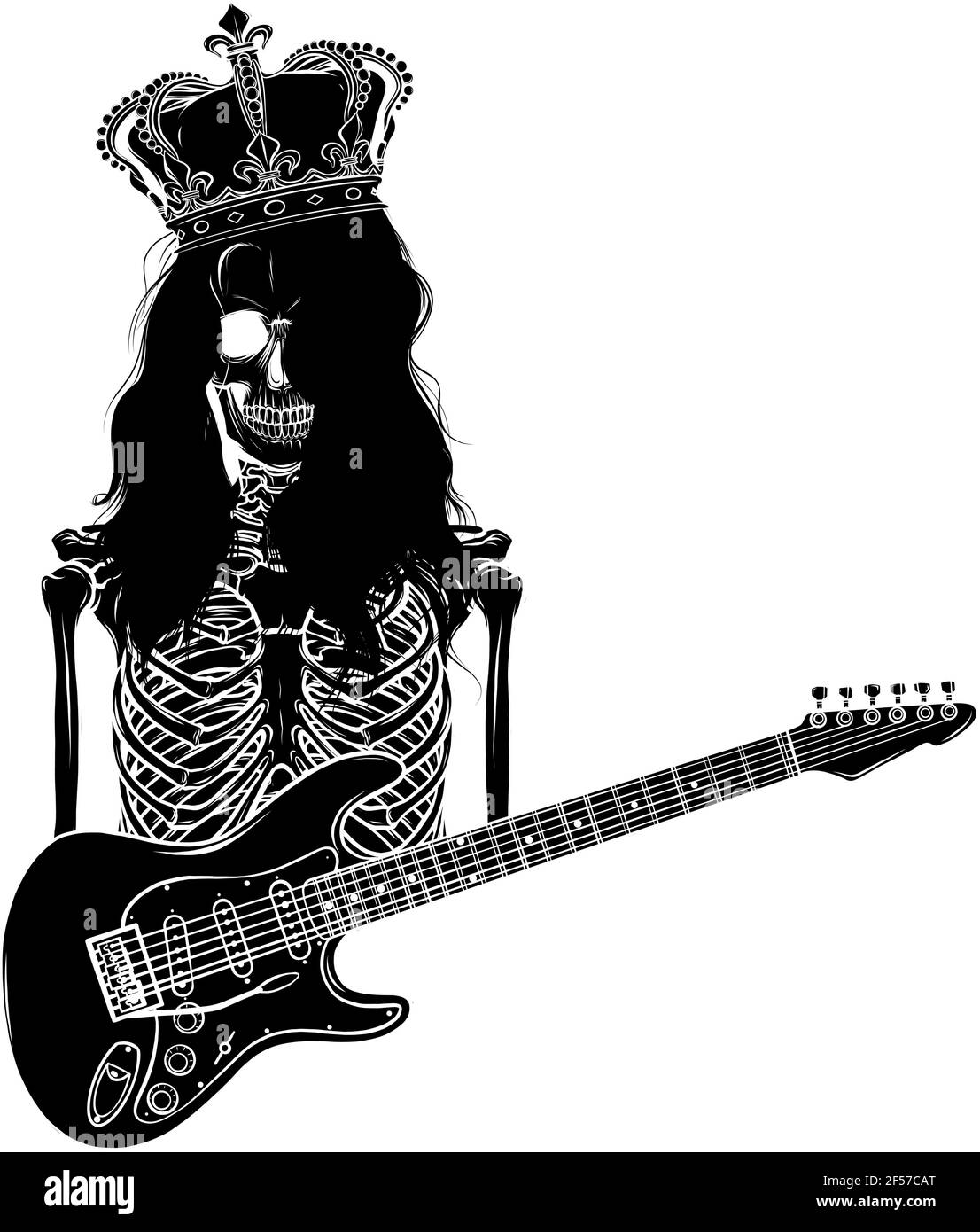 black silhouette of king human skeleton playing on electric guitar Stock Vector