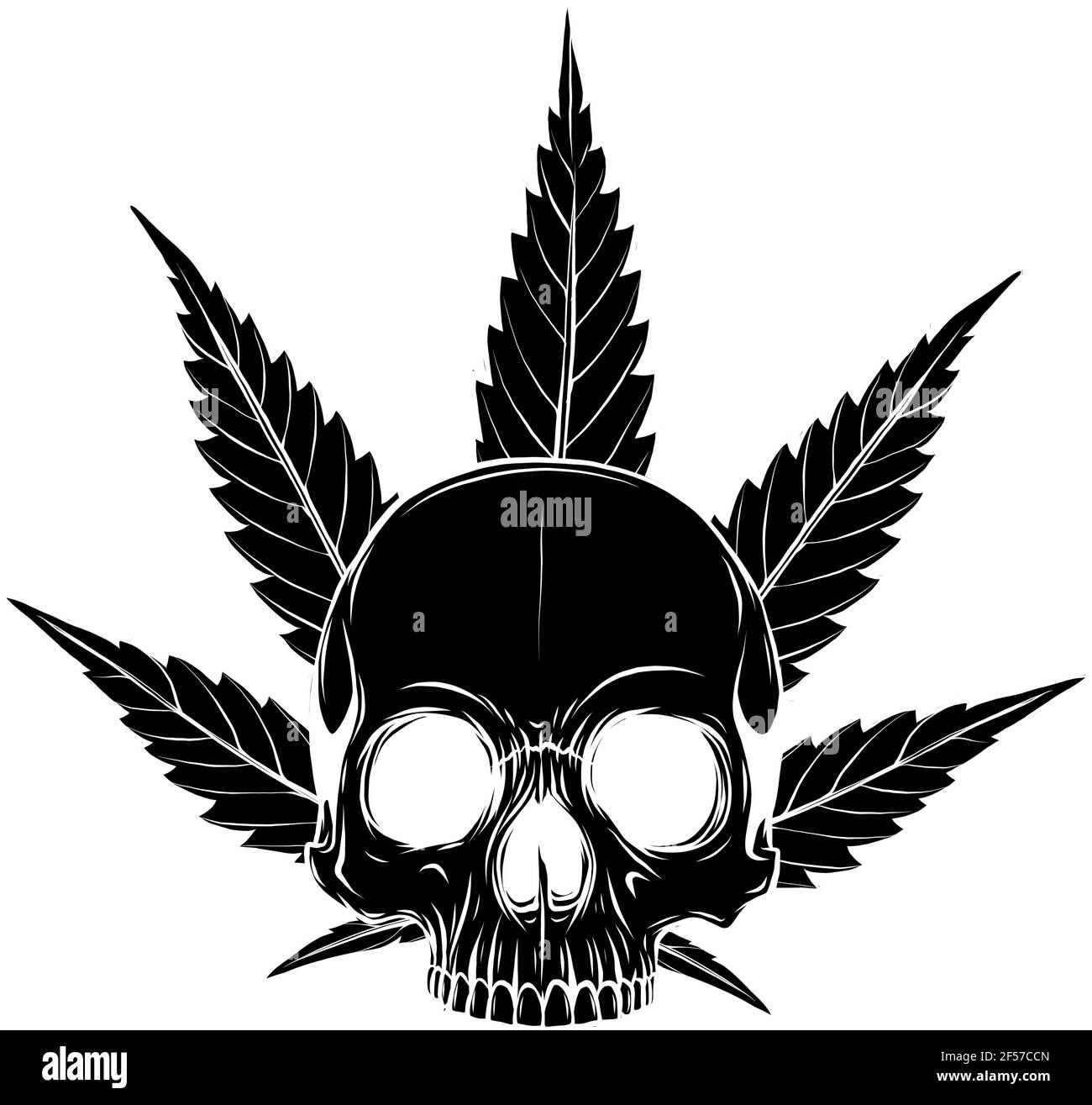 black silhouette of skull with leaves marijuana head illustration
